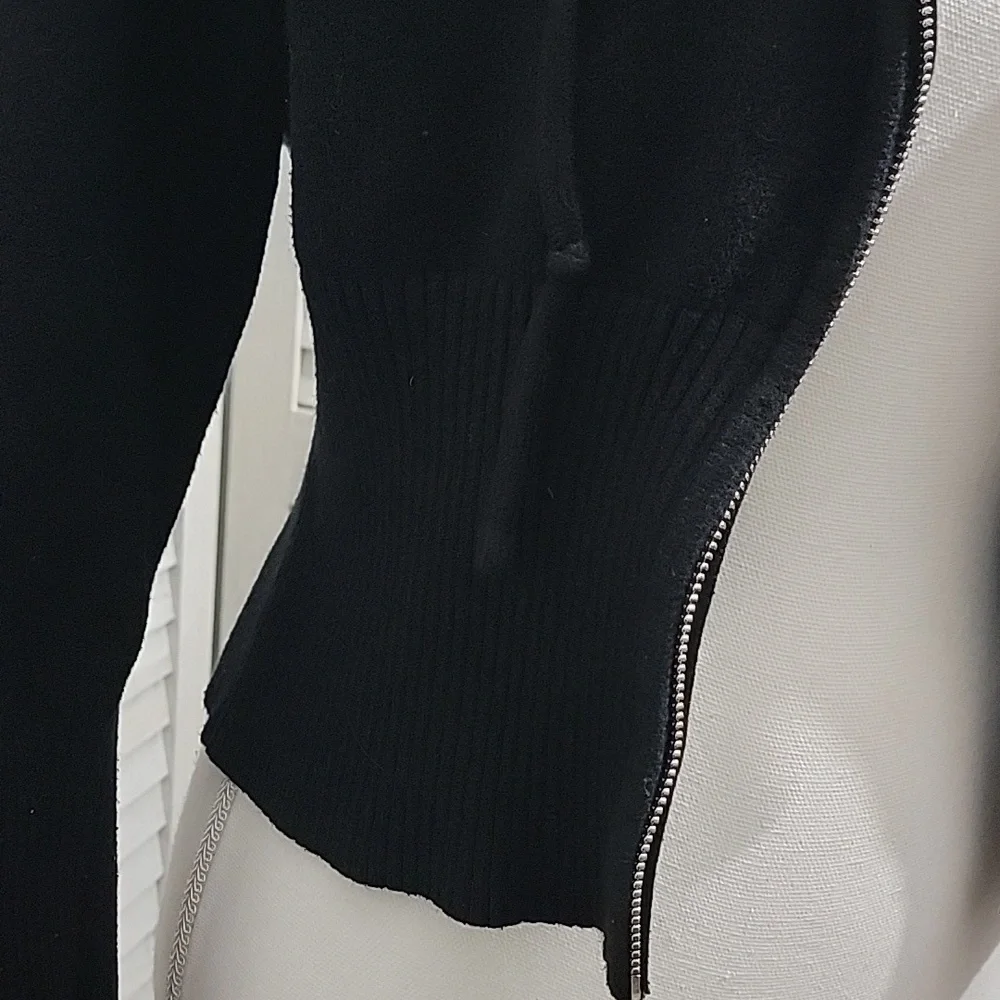 Orange Kiss Black Ribbed Cropped Knit Hoodie Zipper Cardigan